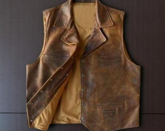 Men’s Vintage Biker Vest – Genuine Sheepskin Leather Waistcoat – Handmade Motorcycle Club Style Vest – Retro Leather Vest for Men