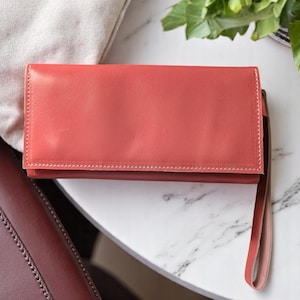 Cartera larga plegable de piel auténtica para mujer: cartera de mano, cartera de muñeca, organizador de viaje fino y regalo personalizado.