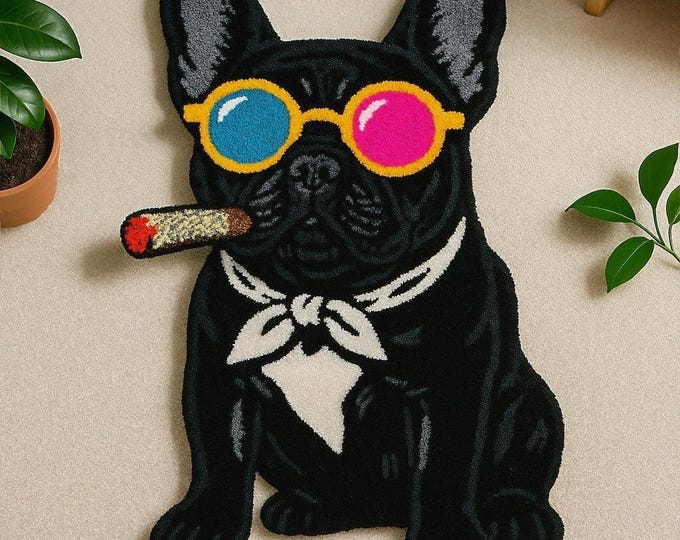 Featured listing image: French Bulldog Rug – Tufting Teppich mit Hund in Brille | Geschenkidee für Männer | Perfekt für Gaming Room, Lounge |  Handgemacht von KULT