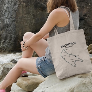 Zakynthos Karte Baumwollsegeltuch Einkaufstasche | Umweltfreundlich | Griechische Insel Reisegeschenk | Nachhaltige Strandtasche | Anpassbare Personalisierung