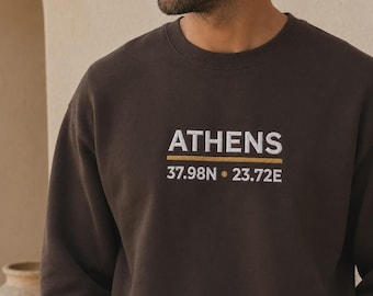 Athener Koordinaten Nacht Bestickter Rundhalsausschnitt