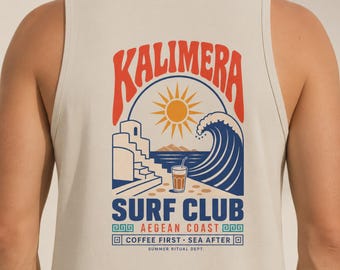 Regata Kalimera Surf Club, Camisa de Praia Grega de Verão, Estilo Retrô do Egeu