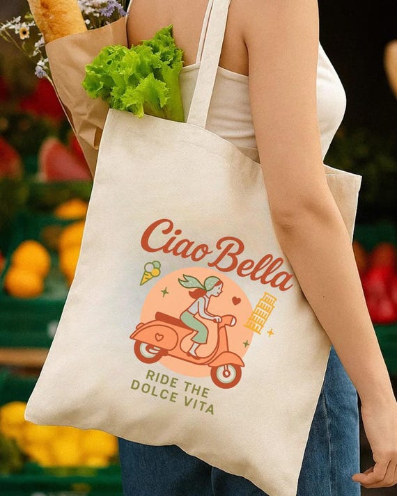 Ciao Bella Cotton Tote Bag Eco-friendly Canvas Tote, Italy
