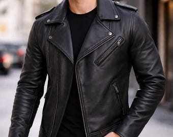 Mens Black Leather Biker Jacket Motorcycle Asymmetrical Zip Slim Fit Leather Jacket