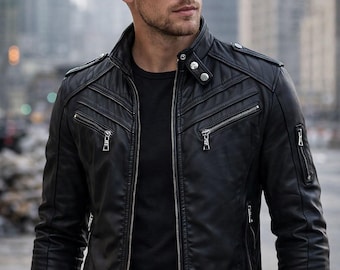 Men’s Black Leather Biker Jacket – Slim Fit Moto Style Zip Up Jacket