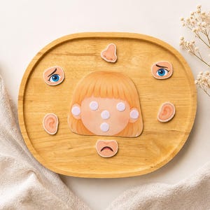 Könnte beinhalten: Ein Holztablett mit einem Cartoon-Gesichtsausschnitt, der leere weiße Kreise für die Gesichtszüge aufweist, umgeben von separaten illustrierten Gesichtsteilen, darunter zwei blaue Augen, eine Nase, zwei Ohren und ein Mund mit Mundwinkel.
