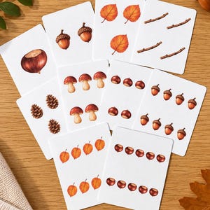 Puede incluir: Un conjunto de diez cartas de juego rectangulares con ilustraciones de elementos otoñales que incluyen bellotas, setas, piñas, hojas, ramitas y castañas. Cada carta muestra una cantidad diferente de estos elementos naturales sobre un fondo blanco.