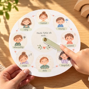 Könnte beinhalten: Ein kreisförmiges Gefühlsrad mit Illustrationen von Kindern, die verschiedene Emotionen zeigen, beschriftet mit Begriffen wie fröhlich, traurig, wütend, ängstlich, stolz, müde, eifersüchtig und ruhig. Ein zentraler Drehzeiger zeigt auf den Bereich wütend.