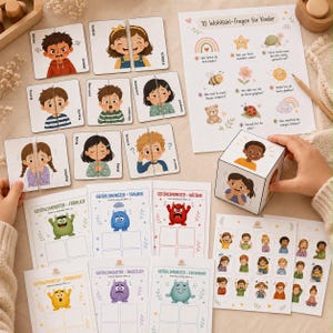 Könnte beinhalten: Eine Sammlung von Lernmaterialien für Kinder, darunter Emotions-Puzzlekarten, ein Würfel und Arbeitsblätter. Die Karten zeigen Illustrationen von Kindern, die verschiedene Gefühle ausdrücken. Der Würfel zeigt Gesichter mit verschiedenen Emotionen. Die Arbeitsblätter haben Aufforderungen.