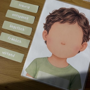 Könnte beinhalten: Eine laminierte Lernkarte mit einer Comic-Illustration einer Person mit braunen Haaren und grünem T-Shirt, ohne Gesichtszüge. Daneben befinden sich fünf hellgrüne Etiketten mit den deutschen Wörtern traurig, entspannt, ängstlich, fröhlich und wütend.