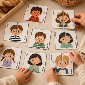 Könnte beinhalten: Ein Satz von Emotions-Matching-Karten mit Illustrationen von Kindern, die verschiedene Gefühle ausdrücken. Jede Karte ist in zwei Hälften geteilt, wobei das Wort für die Emotion auf jeder Hälfte aufgedruckt ist. Die Emotionen umfassen glücklich, traurig, wütend und verwirrt.