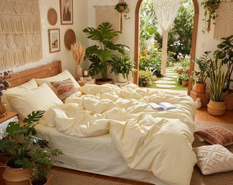 Vanilla Cotton Bedding  Set in Stripe Satin, Cotton Duvet Cover with Pillowcases & Sheet