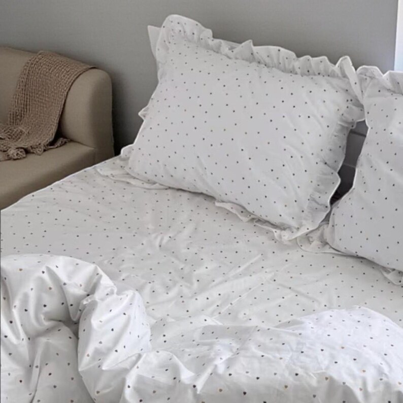 White Ranforce Ruffled Bedding Set – Soft Polka Dot Duvet Cover with Pillowcases, Breathable Cotton Bedding with Frills image 14
