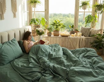Green Washed Cotton Bedding Set 100% Cotton: Duvet Cover, 2 Pillowcases, Fitted or Flat Sheet. Custom Size. us, eu|uk, au|nz