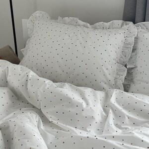 White Ranforce Ruffled Bedding Set – Soft Polka Dot Duvet Cover with Pillowcases, Breathable Cotton Bedding with Frills image 7
