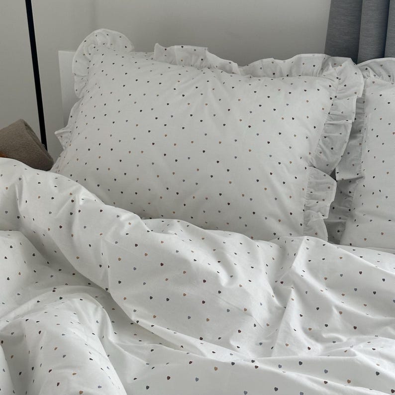 White Ranforce Ruffled Bedding Set – Soft Polka Dot Duvet Cover with Pillowcases, Breathable Cotton Bedding with Frills image 7