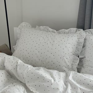 White Ruffled Bedding Set Ranforce Cotton,Polka Dot Duvet Cover with Pillowcases,Soft Breathable Bedding with Frills image 8