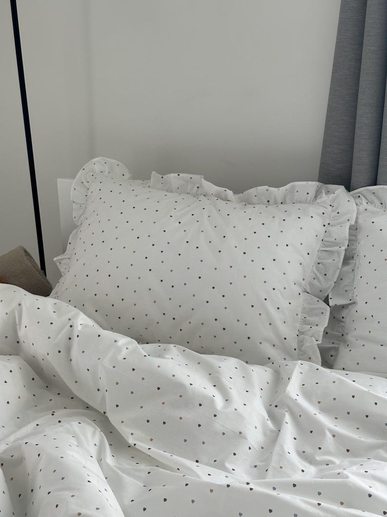 White Ruffled Bedding Set Ranforce Cotton,Polka Dot Duvet Cover with Pillowcases,Soft Breathable Bedding with Frills image 8