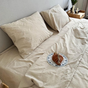 Washed Cotton Bedding Set, Organic Bed Set, Boiled Cotton Duvet Cover, Handmade Soft Flax Bedding in King, Queen, Double, Twin sizes