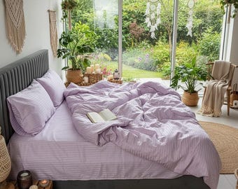 Lavender Stripe Satin Bedding Set - Soft Cotton Set & Silky Soft Elegance for Your Bedroom