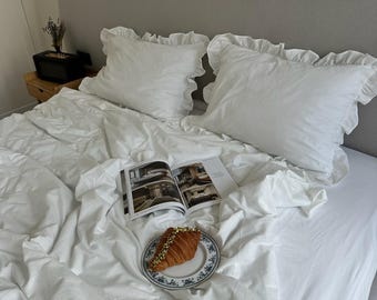 White Ruffled Bedding Set, Shabby Chic Duvet Cover with Pillowcases, Romantic Cotton Bed Linen with Ruffles, Farmhouse Bedroom Decor