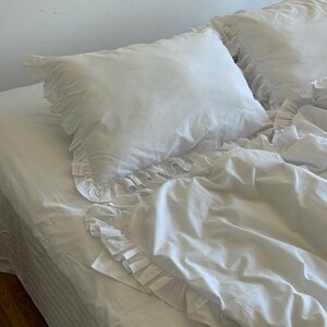 White Frill Cotton Bedding Set, Ranforce Duvet Cover with Pillowcases, Romantic Farmhouse Bed Linen image 8