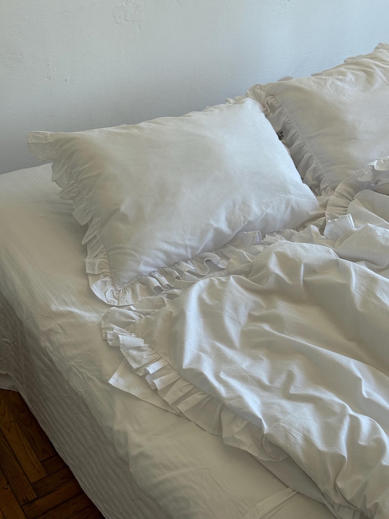White Frill Cotton Bedding Set, Ranforce Duvet Cover with Pillowcases, Romantic Farmhouse Bed Linen image 8