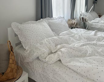 White Ruffled Bedding Set Ranforce Cotton,Polka Dot Duvet Cover with Pillowcases,Soft Breathable Bedding with Frills