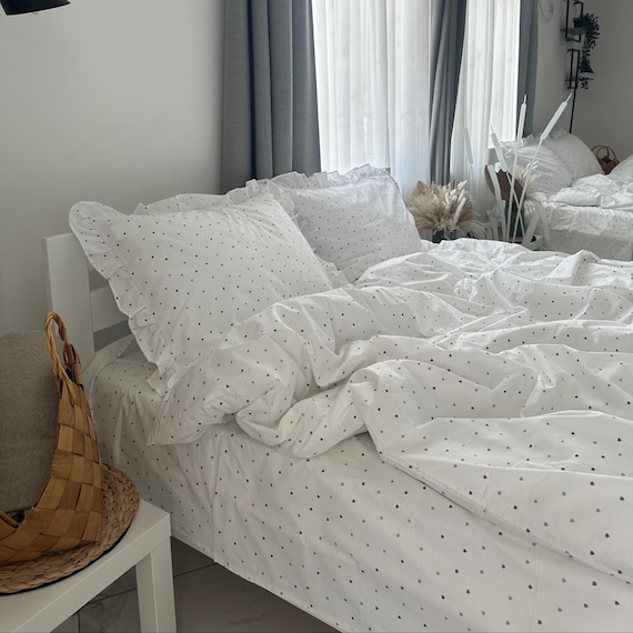 White Ruffled Bedding Set Ranforce Cotton,Polka Dot Duvet Cover with Pillowcases,Soft Breathable Bedding with Frills