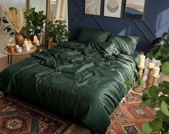 Emerald Stripe Satin Bed Set: Duvet Cover, 2 Pillowcases, Fitted Sheet or Flat Sheet. us, eu/uk, au/nz