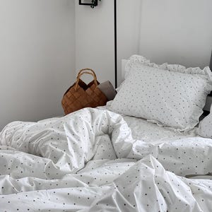 White Ruffled Bedding Set Ranforce Cotton,Polka Dot Duvet Cover with Pillowcases,Soft Breathable Bedding with Frills image 10