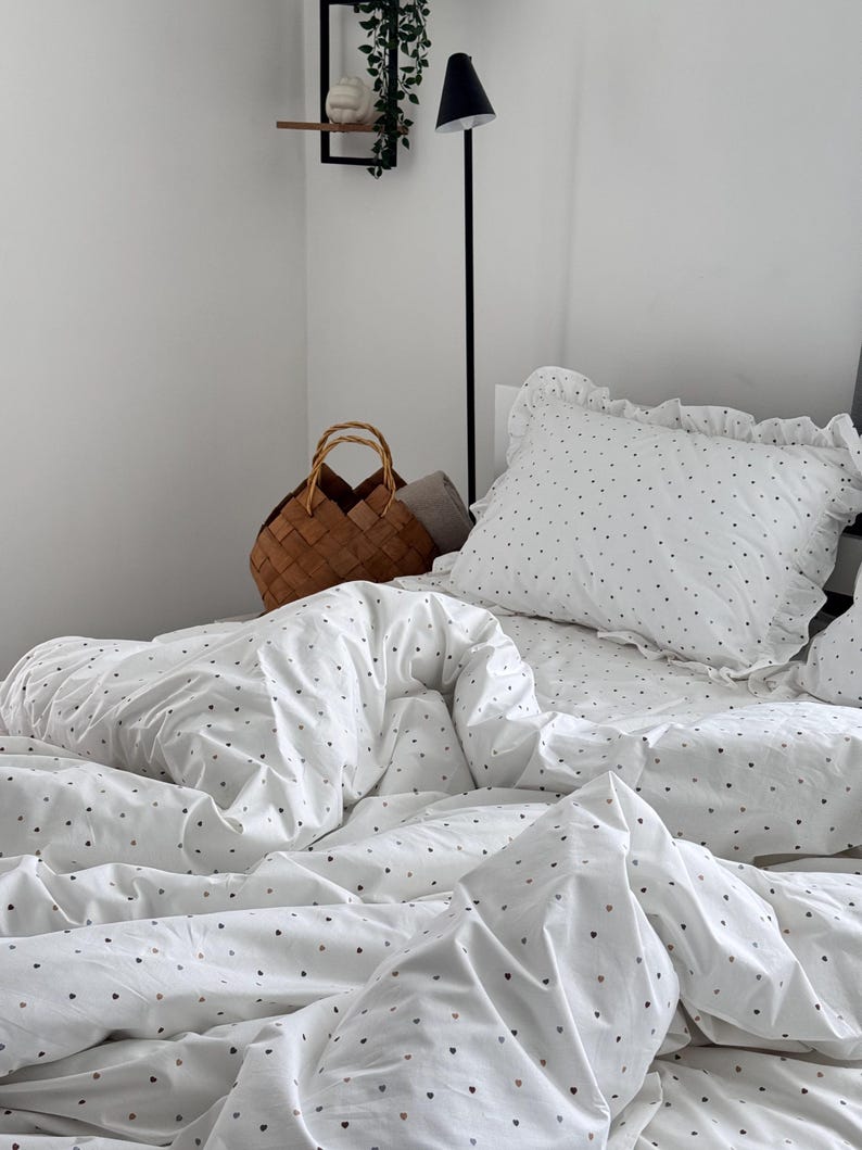 White Ruffled Bedding Set Ranforce Cotton,Polka Dot Duvet Cover with Pillowcases,Soft Breathable Bedding with Frills image 10