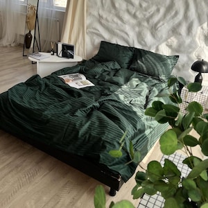 Emerald Green Bedding Set, Soft Cotton Satin Duvet Cover with Stripes, Eco Friendly Bed Linen, Aesthetic Bedroom Decor, King Queen Sizes