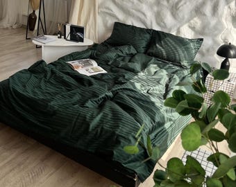 Emerald Green Bedding Set, Soft Cotton Satin Duvet Cover with Stripes, Eco Friendly Bed Linen, Aesthetic Bedroom Decor, King Queen Sizes