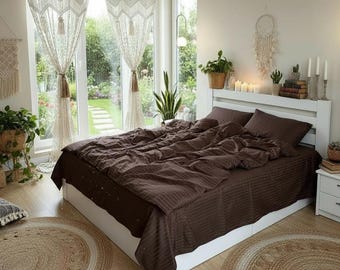 Natural Brown Cotton Striped Bedding Set, Duvet Cover, Fitted or Flat Sheet and 2 Pillowcases - Modern Style, Lasting Comfort