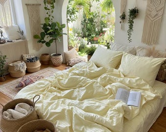 Soft Lemon Cotton Bedding Set, Striped Satin Duvet Cover and Sheet, Light Yellow Cozy Bed Linen