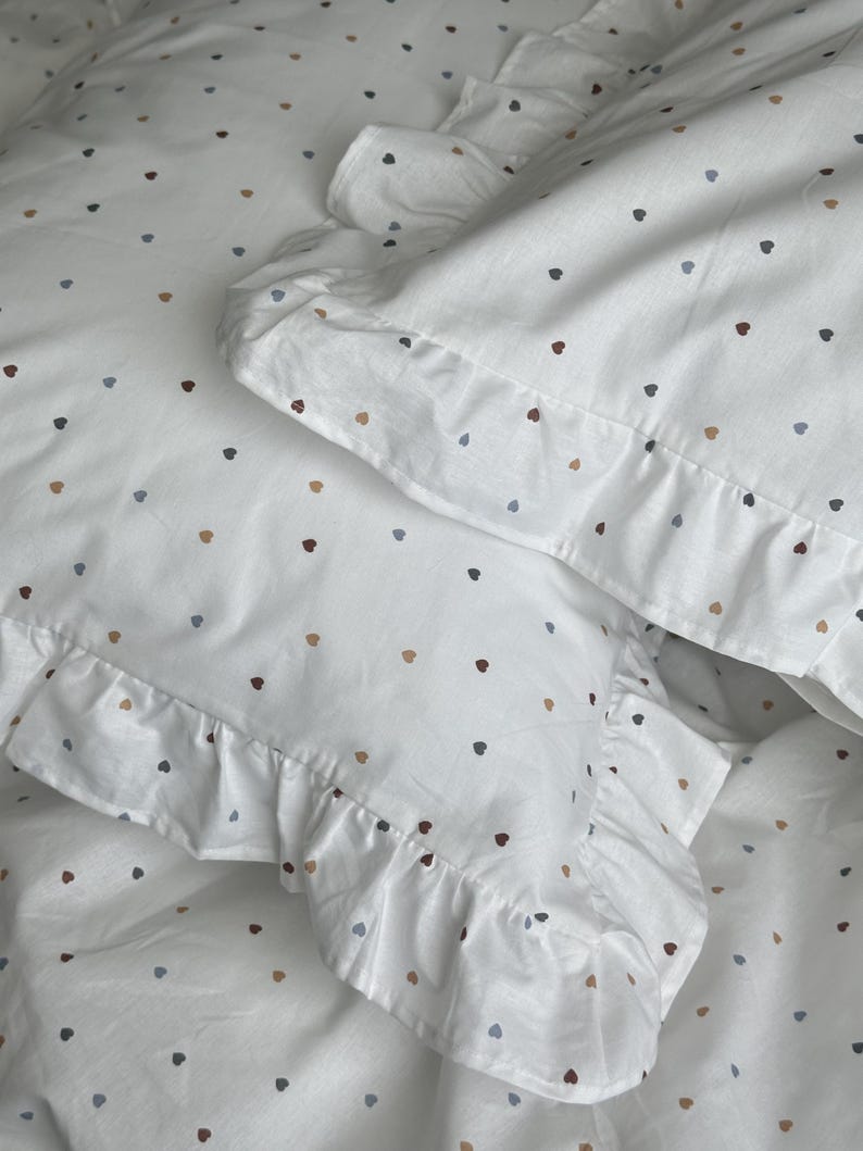 White Ruffled Bedding Set Ranforce Cotton,Polka Dot Duvet Cover with Pillowcases,Soft Breathable Bedding with Frills image 6