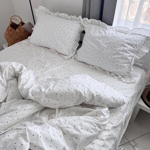 White Ranforce Ruffled Bedding Set – Soft Polka Dot Duvet Cover with Pillowcases, Breathable Cotton Bedding with Frills image 3