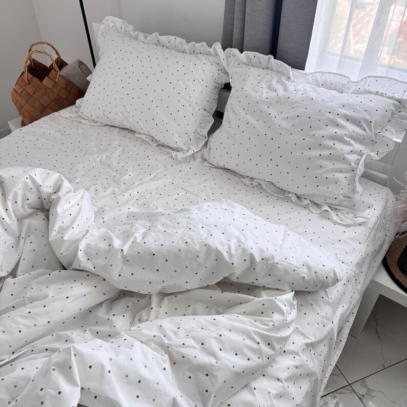 White Ranforce Ruffled Bedding Set – Soft Polka Dot Duvet Cover with Pillowcases, Breathable Cotton Bedding with Frills image 3
