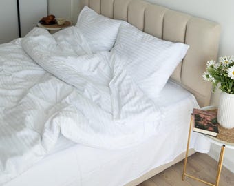 White Bedding Set, Bridal Bed Set, Wedding Bedding, Striped Satin Duvet Cover with Pillowcases and Sheet, Hotel Bedding