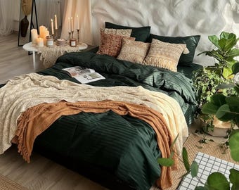 Luxury Emerald Stripe Satin Cotton Bedding - Hotel Style Duvet Cover Set with Pillowcases