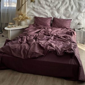 Plum Stripe Satin Bedding Set, Soft Cotton Duvet Cover + Fitted Sheet + Pillowcases, Natural Burgundy Bed Linen in King Size