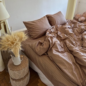 Cocoa Stripe Satin Cotton Bedding Set, Soft Natural Duvet Cover with Pillowcases and Sheet, Hotel-Style Bed Linen, King Queen Twin Full Size