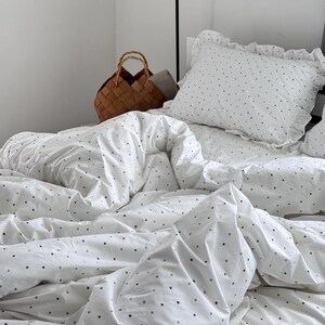 White Ranforce Ruffled Bedding Set – Soft Polka Dot Duvet Cover with Pillowcases, Breathable Cotton Bedding with Frills image 11