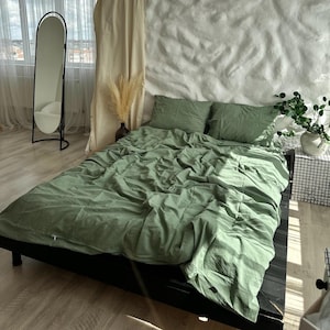Green Duvet Cover in Washed Cotton, Soft Breathable Bedding, Olive Boiled Cotton Cover, Minimalist Natural Bedroom, King Queen Sizes