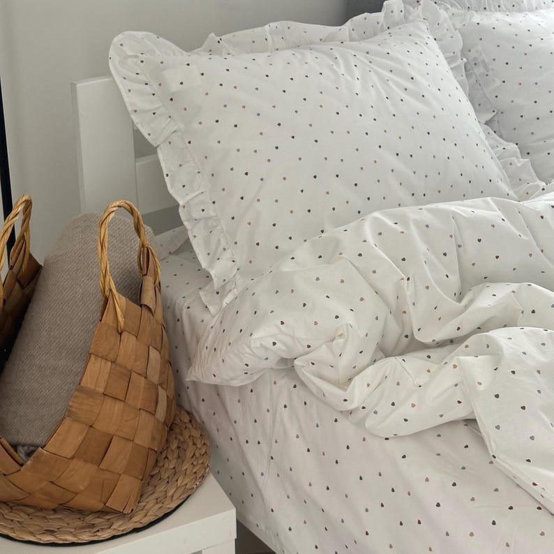 White Ranforce Ruffled Bedding Set – Soft Polka Dot Duvet Cover with Pillowcases, Breathable Cotton Bedding with Frills image 9