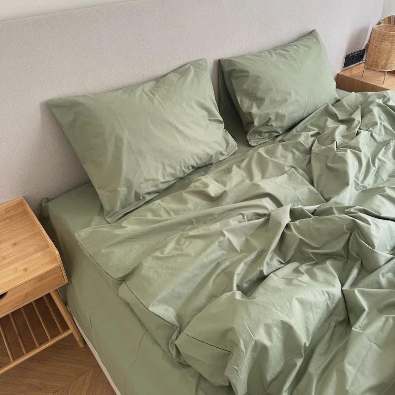 Ranforce Floral Bedding Set, Botanical Cotton Bed Linen with Duvet Cover and Pillowcases, Cottagecore Bedroom Decor, Cozy Housewarming Gift Olive