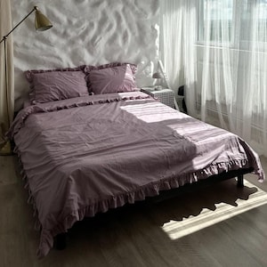 Cute Cotton Bedding Set, Shabby Chic Ruffled Duvet Cover, Boho Bedding with Ruffles, Linen Ruffle Style Gift for Mom or Girls
