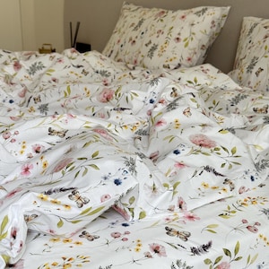 Ranforce Floral Bedding Set, Botanical Cotton Bed Linen with Duvet Cover and Pillowcases, Cottagecore Bedroom Decor, Cozy Housewarming Gift image 12