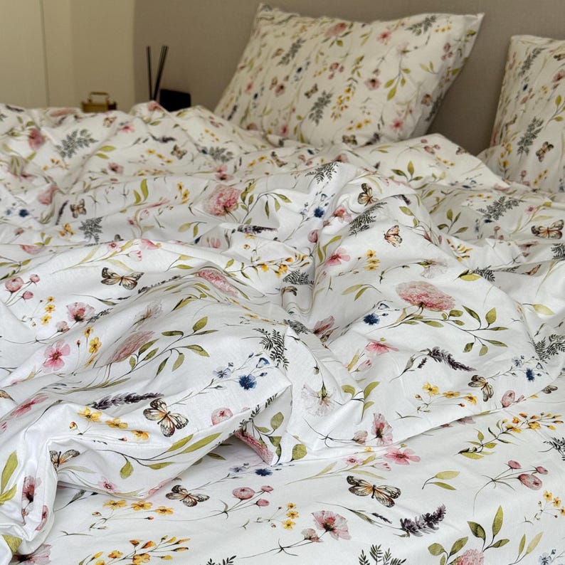 Ranforce Floral Bedding Set, Botanical Cotton Bed Linen with Duvet Cover and Pillowcases, Cottagecore Bedroom Decor, Cozy Housewarming Gift image 12